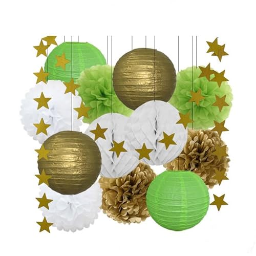 Papier Laterne, Papier pom poms Dekorationen, 13. Geburtstag Bar Mitzvah Party zugunsten Dekor Gold Marine blau Runde Papier Laterne weiß Waben Taufe DIY Glitter Stern(Gold Green Set) von HYQOUKLR