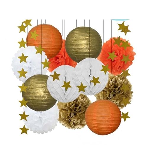 Papier Laterne, Papier pom poms Dekorationen, 13. Geburtstag Bar Mitzvah Party zugunsten Dekor Gold Marine blau Runde Papier Laterne weiß Waben Taufe DIY Glitter Stern(Gold Orange Set) von HYQOUKLR