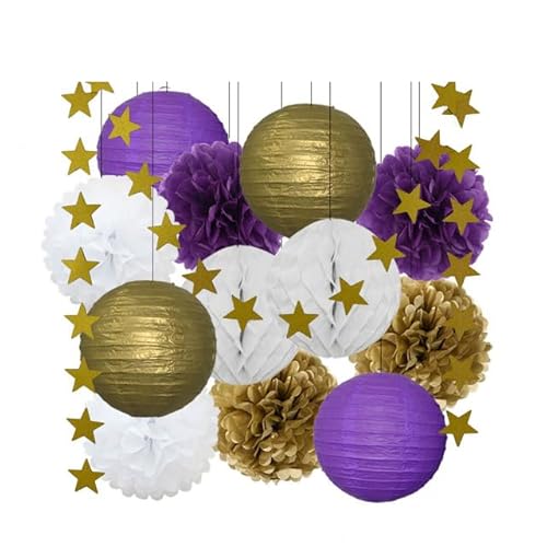 Papier Laterne, Papier pom poms Dekorationen, 13. Geburtstag Bar Mitzvah Party zugunsten Dekor Gold Marine blau Runde Papier Laterne weiß Waben Taufe DIY Glitter Stern(Gold Purple Set) von HYQOUKLR