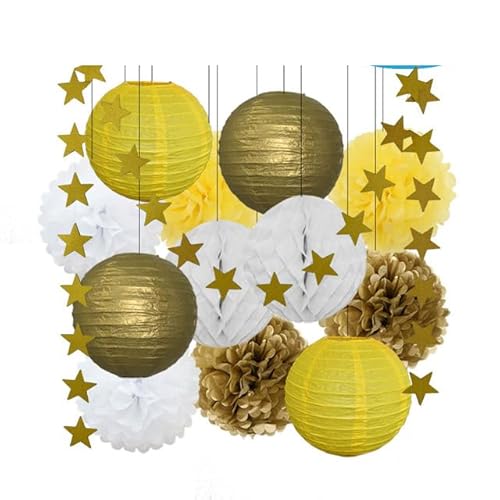 Papier Laterne, Papier pom poms Dekorationen, 13. Geburtstag Bar Mitzvah Party zugunsten Dekor Gold Marine blau Runde Papier Laterne weiß Waben Taufe DIY Glitter Stern(Gold Yellow Set) von HYQOUKLR