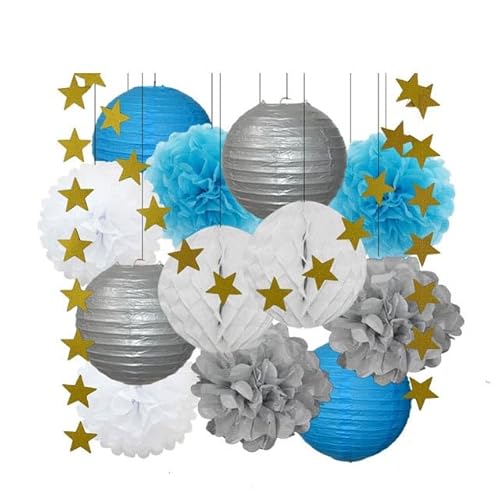 Papier Laterne, Papier pom poms Dekorationen, 13. Geburtstag Bar Mitzvah Party zugunsten Dekor Gold Marine blau Runde Papier Laterne weiß Waben Taufe DIY Glitter Stern(Silver Blue Set) von HYQOUKLR