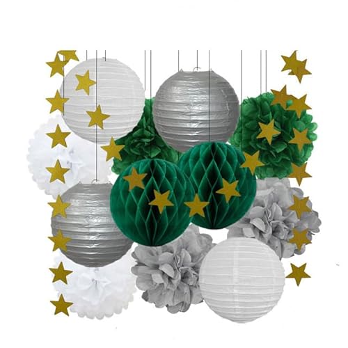 Papier Laterne, Papier pom poms Dekorationen, 13. Geburtstag Bar Mitzvah Party zugunsten Dekor Gold Marine blau Runde Papier Laterne weiß Waben Taufe DIY Glitter Stern(Silver Dark Green) von HYQOUKLR