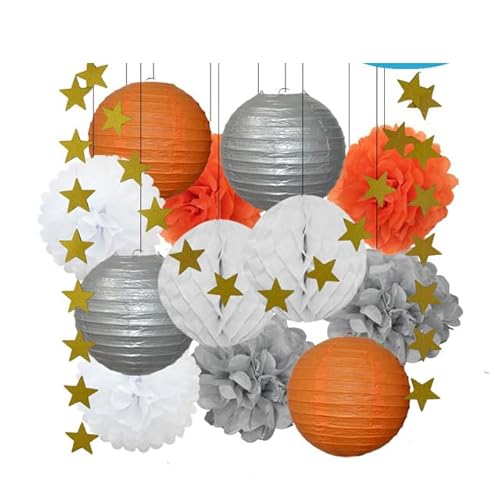 Papier Laterne, Papier pom poms Dekorationen, 13. Geburtstag Bar Mitzvah Party zugunsten Dekor Gold Marine blau Runde Papier Laterne weiß Waben Taufe DIY Glitter Stern(Silver Orange Set) von HYQOUKLR