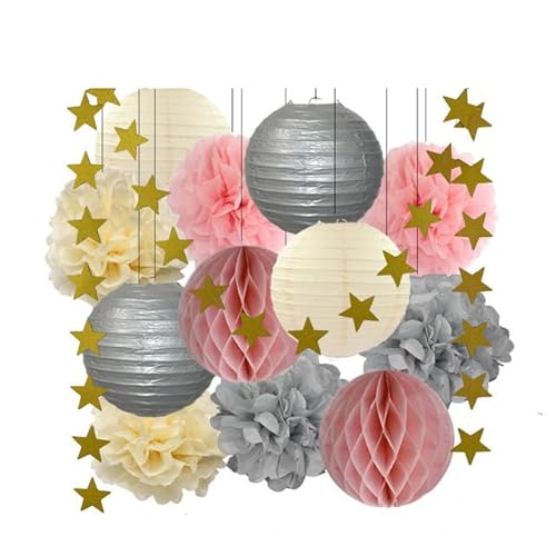 Papier Laterne, Papier pom poms Dekorationen, 13. Geburtstag Bar Mitzvah Party zugunsten Dekor Gold Marine blau Runde Papier Laterne weiß Waben Taufe DIY Glitter Stern(Silver Pink Beige) von HYQOUKLR