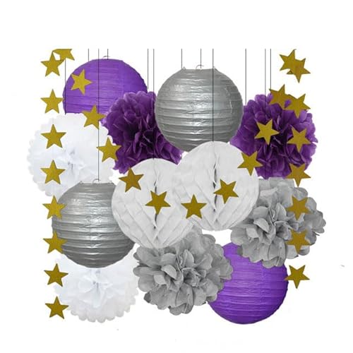 Papier Laterne, Papier pom poms Dekorationen, 13. Geburtstag Bar Mitzvah Party zugunsten Dekor Gold Marine blau Runde Papier Laterne weiß Waben Taufe DIY Glitter Stern(Silver Purple Set) von HYQOUKLR