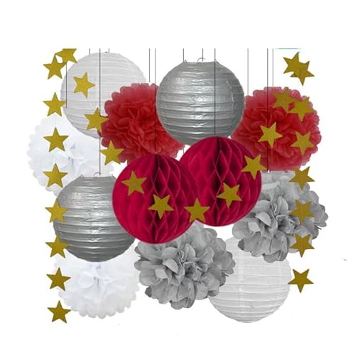 Papier Laterne, Papier pom poms Dekorationen, 13. Geburtstag Bar Mitzvah Party zugunsten Dekor Gold Marine blau Runde Papier Laterne weiß Waben Taufe DIY Glitter Stern(Silver Red Set) von HYQOUKLR