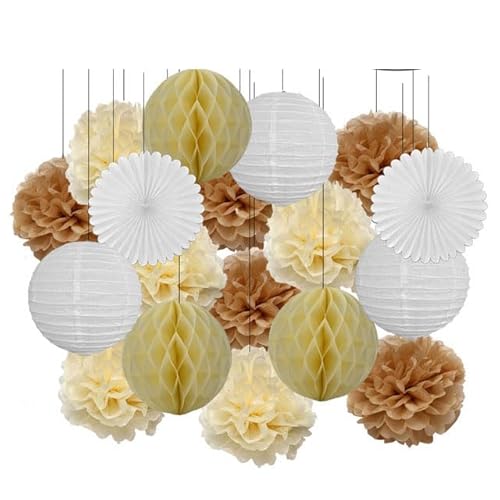 Papier Laterne, Papier pom poms Dekorationen, 18. Geburtstag Party Favor Lila Weiß Set Runde Papier Laterne Baby Taufe DIY Tissue Fan Hochzeit Decor Pompom(Beige Khaki Set,12inch) von HYQOUKLR