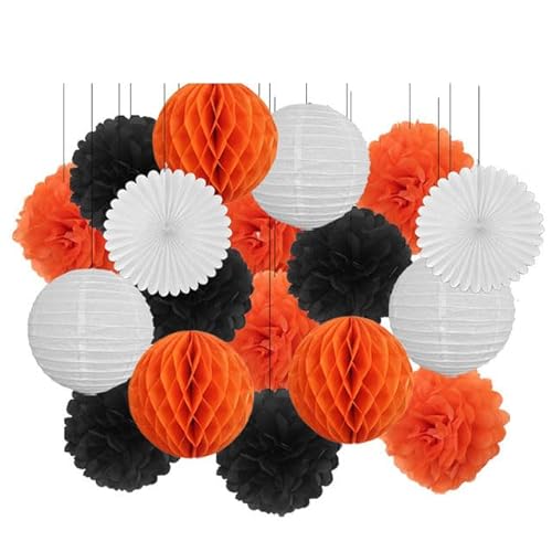 Papier Laterne, Papier pom poms Dekorationen, 18. Geburtstag Party Favor Lila Weiß Set Runde Papier Laterne Baby Taufe DIY Tissue Fan Hochzeit Decor Pompom(Black Orange Set,10inch) von HYQOUKLR