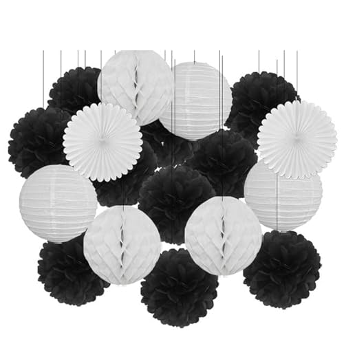 Papier Laterne, Papier pom poms Dekorationen, 18. Geburtstag Party Favor Lila Weiß Set Runde Papier Laterne Baby Taufe DIY Tissue Fan Hochzeit Decor Pompom(Black Set,8inch) von HYQOUKLR