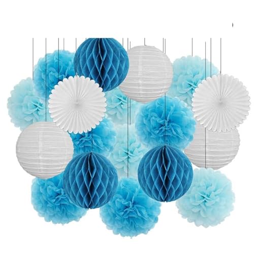 Papier Laterne, Papier pom poms Dekorationen, 18. Geburtstag Party Favor Lila Weiß Set Runde Papier Laterne Baby Taufe DIY Tissue Fan Hochzeit Decor Pompom(Blue Set,8inch) von HYQOUKLR