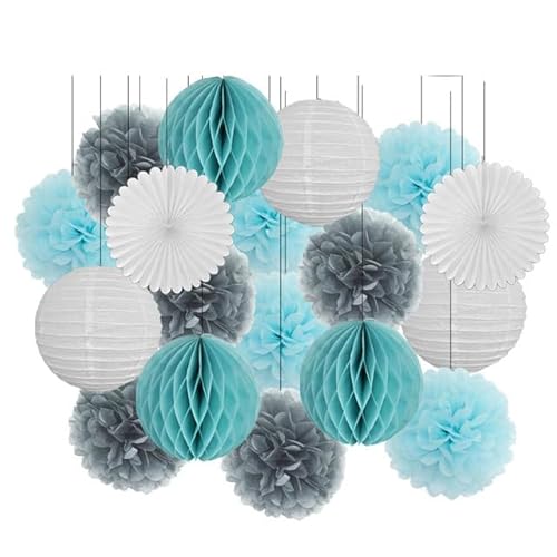 Papier Laterne, Papier pom poms Dekorationen, 18. Geburtstag Party Favor Lila Weiß Set Runde Papier Laterne Baby Taufe DIY Tissue Fan Hochzeit Decor Pompom(Gray Blue,10inch) von HYQOUKLR