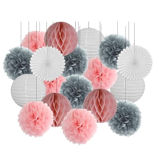 Papier Laterne, Papier pom poms Dekorationen, 18. Geburtstag Party Favor Lila Weiß Set Runde Papier Laterne Baby Taufe DIY Tissue Fan Hochzeit Decor Pompom(Gray Pink Set,10inch) von HYQOUKLR