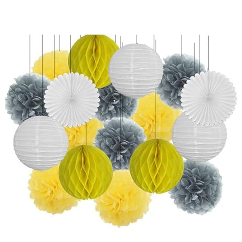 Papier Laterne, Papier pom poms Dekorationen, 18. Geburtstag Party Favor Lila Weiß Set Runde Papier Laterne Baby Taufe DIY Tissue Fan Hochzeit Decor Pompom(Gray Yellow Set,10inch) von HYQOUKLR