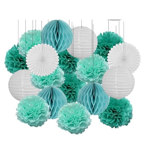 Papier Laterne, Papier pom poms Dekorationen, 18. Geburtstag Party Favor Lila Weiß Set Runde Papier Laterne Baby Taufe DIY Tissue Fan Hochzeit Decor Pompom(Mint Set,10inch) von HYQOUKLR