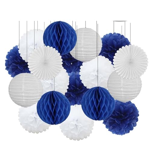 Papier Laterne, Papier pom poms Dekorationen, 18. Geburtstag Party Favor Lila Weiß Set Runde Papier Laterne Baby Taufe DIY Tissue Fan Hochzeit Decor Pompom(Navy Blue Set,8inch) von HYQOUKLR