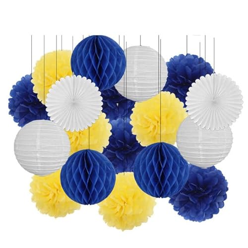 Papier Laterne, Papier pom poms Dekorationen, 18. Geburtstag Party Favor Lila Weiß Set Runde Papier Laterne Baby Taufe DIY Tissue Fan Hochzeit Decor Pompom(Navy Blue Yellow,10inch) von HYQOUKLR