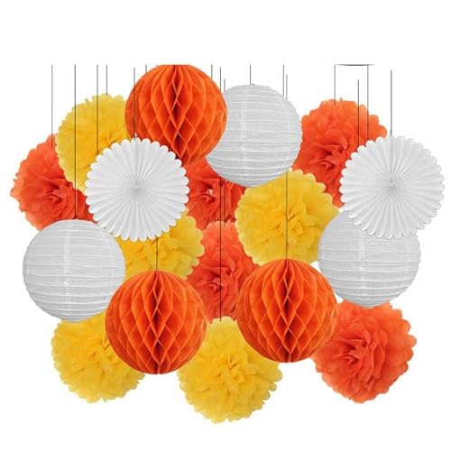 Papier Laterne, Papier pom poms Dekorationen, 18. Geburtstag Party Favor Lila Weiß Set Runde Papier Laterne Baby Taufe DIY Tissue Fan Hochzeit Decor Pompom(Orange Set,12inch) von HYQOUKLR