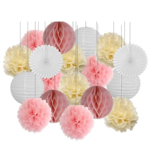 Papier Laterne, Papier pom poms Dekorationen, 18. Geburtstag Party Favor Lila Weiß Set Runde Papier Laterne Baby Taufe DIY Tissue Fan Hochzeit Decor Pompom(Pink Beige Set,10inch) von HYQOUKLR