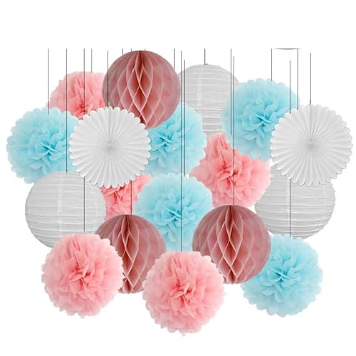 Papier Laterne, Papier pom poms Dekorationen, 18. Geburtstag Party Favor Lila Weiß Set Runde Papier Laterne Baby Taufe DIY Tissue Fan Hochzeit Decor Pompom(Pink Blue Set,8inch) von HYQOUKLR