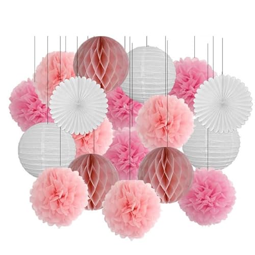 Papier Laterne, Papier pom poms Dekorationen, 18. Geburtstag Party Favor Lila Weiß Set Runde Papier Laterne Baby Taufe DIY Tissue Fan Hochzeit Decor Pompom(Pink Set,10inch) von HYQOUKLR