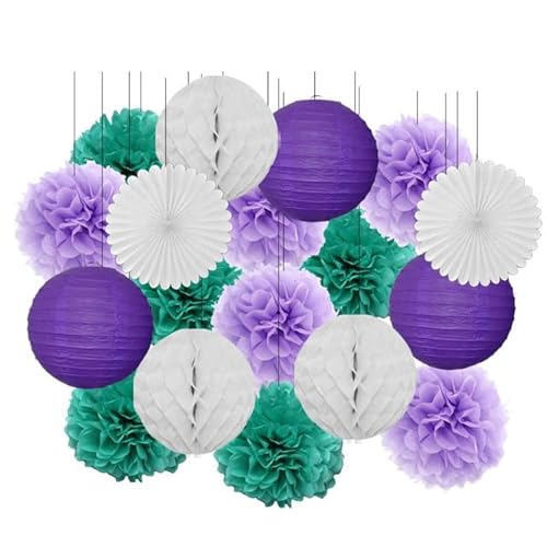 Papier Laterne, Papier pom poms Dekorationen, 18. Geburtstag Party Favor Lila Weiß Set Runde Papier Laterne Baby Taufe DIY Tissue Fan Hochzeit Decor Pompom(Purple Mint Set,12inch) von HYQOUKLR