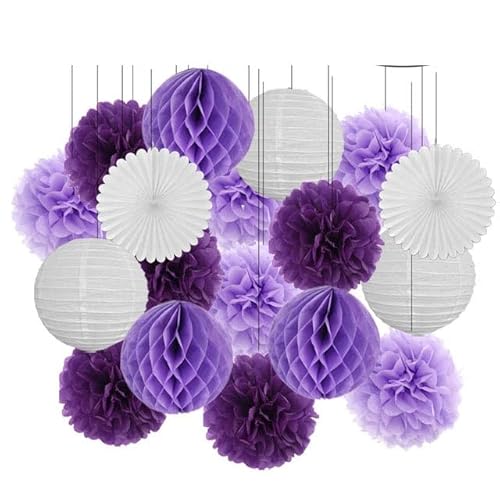 Papier Laterne, Papier pom poms Dekorationen, 18. Geburtstag Party Favor Lila Weiß Set Runde Papier Laterne Baby Taufe DIY Tissue Fan Hochzeit Decor Pompom(Purple Set,8inch) von HYQOUKLR