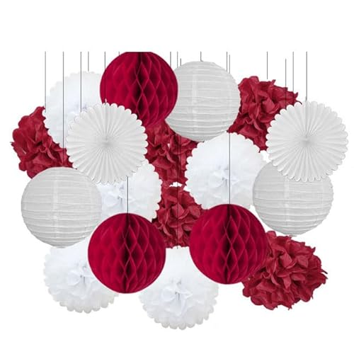 Papier Laterne, Papier pom poms Dekorationen, 18. Geburtstag Party Favor Lila Weiß Set Runde Papier Laterne Baby Taufe DIY Tissue Fan Hochzeit Decor Pompom(Red Set,8inch) von HYQOUKLR