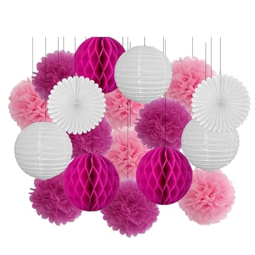 Papier Laterne, Papier pom poms Dekorationen, 18. Geburtstag Party Favor Lila Weiß Set Runde Papier Laterne Baby Taufe DIY Tissue Fan Hochzeit Decor Pompom(Rose Red Set,10inch) von HYQOUKLR