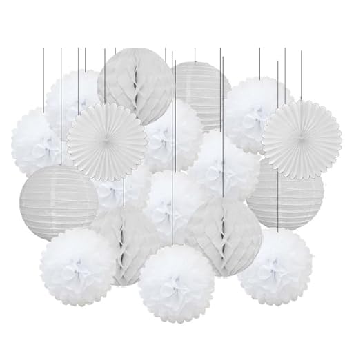 Papier Laterne, Papier pom poms Dekorationen, 18. Geburtstag Party Favor Lila Weiß Set Runde Papier Laterne Baby Taufe DIY Tissue Fan Hochzeit Decor Pompom(White Set,10inch) von HYQOUKLR