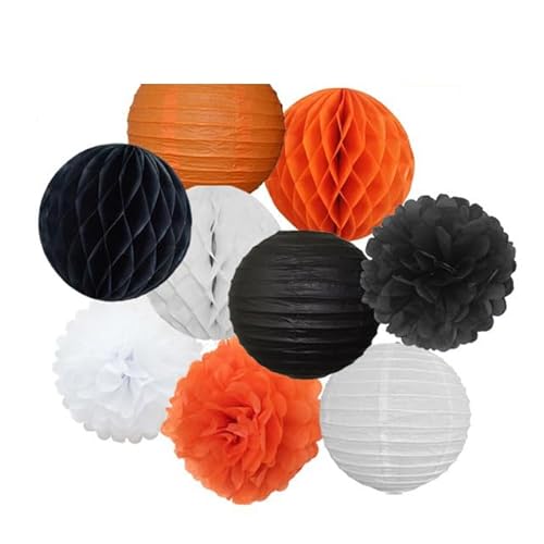 Papier Laterne, Papier pom poms Dekorationen, Hochzeitsparty-Gastgeschenk, hängende runde Papierlaterne, lila, blau, rosa, 6" 8" 10" 12" Taufe, Geburtstag, Weihnachten, EID, Urlaubsdeko(Black Orange S von HYQOUKLR