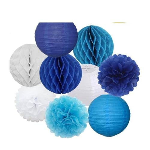 Papier Laterne, Papier pom poms Dekorationen, Hochzeitsparty-Gastgeschenk, hängende runde Papierlaterne, lila, blau, rosa, 6" 8" 10" 12" Taufe, Geburtstag, Weihnachten, EID, Urlaubsdeko(Blue White Set von HYQOUKLR