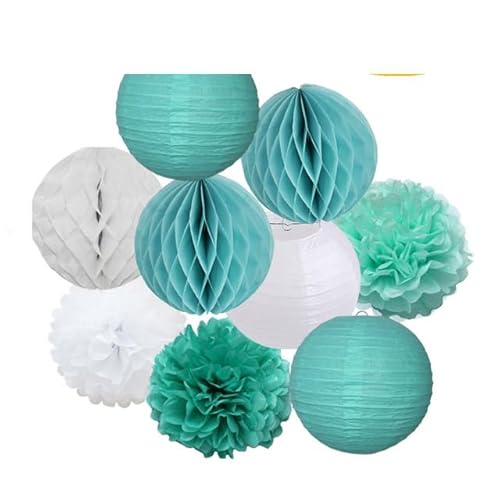 Papier Laterne, Papier pom poms Dekorationen, Hochzeitsparty-Gastgeschenk, hängende runde Papierlaterne, lila, blau, rosa, 6" 8" 10" 12" Taufe, Geburtstag, Weihnachten, EID, Urlaubsdeko(Mint White Set von HYQOUKLR