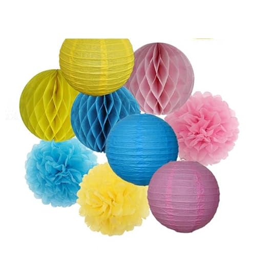 Papier Laterne, Papier pom poms Dekorationen, Hochzeitsparty-Gastgeschenk, hängende runde Papierlaterne, lila, blau, rosa, 6" 8" 10" 12" Taufe, Geburtstag, Weihnachten, EID, Urlaubsdeko(Pink Blue Yell von HYQOUKLR