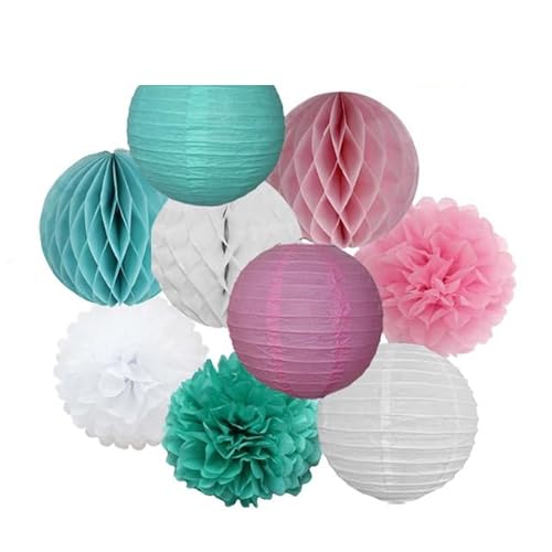 Papier Laterne, Papier pom poms Dekorationen, Hochzeitsparty-Gastgeschenk, hängende runde Papierlaterne, lila, blau, rosa, 6" 8" 10" 12" Taufe, Geburtstag, Weihnachten, EID, Urlaubsdeko(Pink Mint Set, von HYQOUKLR