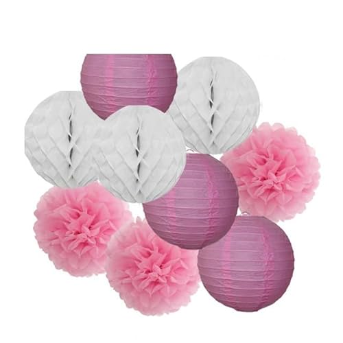 Papier Laterne, Papier pom poms Dekorationen, Hochzeitsparty-Gastgeschenk, hängende runde Papierlaterne, lila, blau, rosa, 6" 8" 10" 12" Taufe, Geburtstag, Weihnachten, EID, Urlaubsdeko(Pink Set,10inc von HYQOUKLR