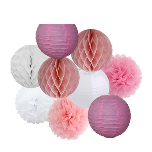 Papier Laterne, Papier pom poms Dekorationen, Hochzeitsparty-Gastgeschenk, hängende runde Papierlaterne, lila, blau, rosa, 6" 8" 10" 12" Taufe, Geburtstag, Weihnachten, EID, Urlaubsdeko(Pink White Set von HYQOUKLR