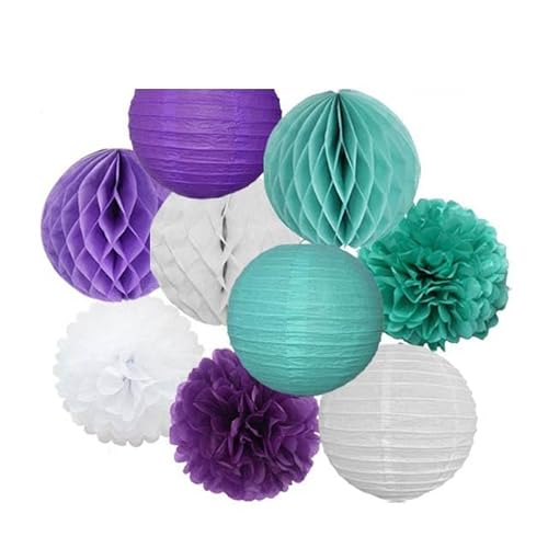 Papier Laterne, Papier pom poms Dekorationen, Hochzeitsparty-Gastgeschenk, hängende runde Papierlaterne, lila, blau, rosa, 6" 8" 10" 12" Taufe, Geburtstag, Weihnachten, EID, Urlaubsdeko(Purple Mint Se von HYQOUKLR