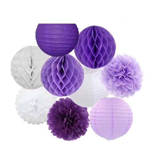 Papier Laterne, Papier pom poms Dekorationen, Hochzeitsparty-Gastgeschenk, hängende runde Papierlaterne, lila, blau, rosa, 6" 8" 10" 12" Taufe, Geburtstag, Weihnachten, EID, Urlaubsdeko(Purple White S von HYQOUKLR