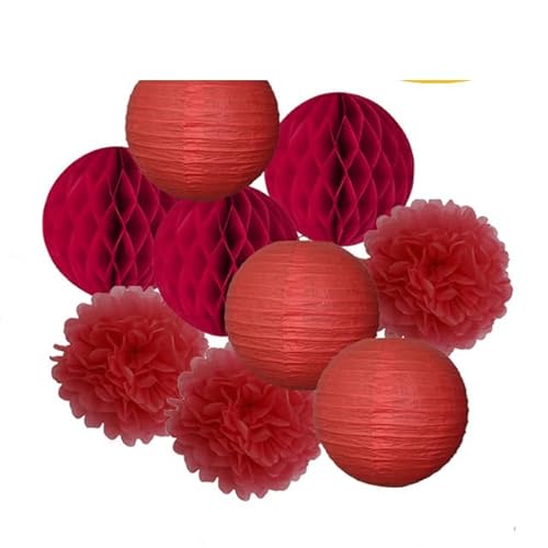 Papier Laterne, Papier pom poms Dekorationen, Hochzeitsparty-Gastgeschenk, hängende runde Papierlaterne, lila, blau, rosa, 6" 8" 10" 12" Taufe, Geburtstag, Weihnachten, EID, Urlaubsdeko(Red Set,10inch von HYQOUKLR