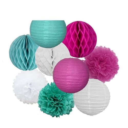 Papier Laterne, Papier pom poms Dekorationen, Hochzeitsparty-Gastgeschenk, hängende runde Papierlaterne, lila, blau, rosa, 6" 8" 10" 12" Taufe, Geburtstag, Weihnachten, EID, Urlaubsdeko(Rose Mint Set, von HYQOUKLR