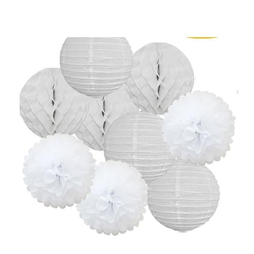 Papier Laterne, Papier pom poms Dekorationen, Hochzeitsparty-Gastgeschenk, hängende runde Papierlaterne, lila, blau, rosa, 6" 8" 10" 12" Taufe, Geburtstag, Weihnachten, EID, Urlaubsdeko(White Set,6inc von HYQOUKLR