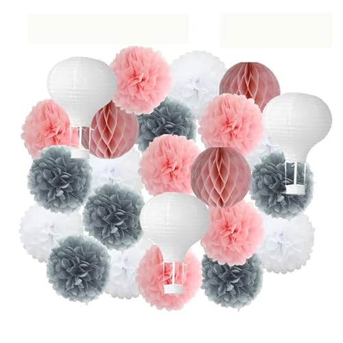 Papier Laterne, Papier pom poms Dekorationen, Kinder Taufe Dekor 12 Zoll hängen rosa Papier Heißluft Ball Laterne 30 cm Party Favor blau Tissue Pompom(Gray Pink Set) von HYQOUKLR