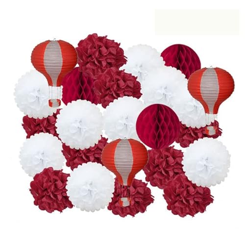 Papier Laterne, Papier pom poms Dekorationen, Kinder Taufe Dekor 12 Zoll hängen rosa Papier Heißluft Ball Laterne 30 cm Party Favor blau Tissue Pompom(Red Set) von HYQOUKLR