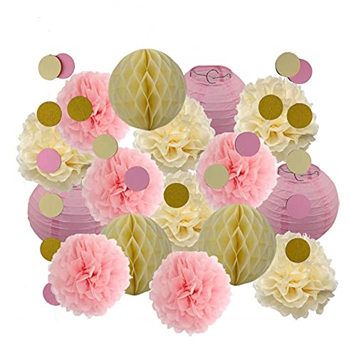 Papier Laterne, Papier pom poms Dekorationen, Papierlaternen Dekorationen Gold Runde Papierlaterne Geburtstag Rosa Wabenball Hochzeitsdeko Pompoms(Silver Dark Green) von HYQOUKLR