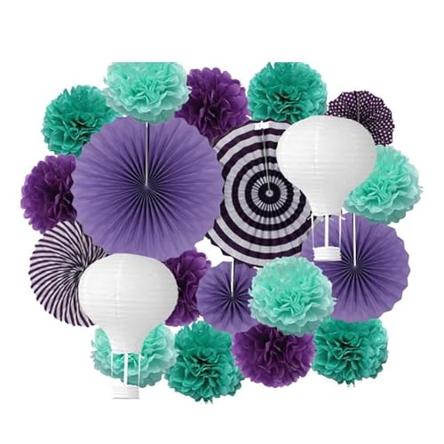 Papier Laterne, Papier pom poms Dekorationen, Party Favor Rosa Set Gemischte Größe Papier Fan Laterne Hochzeit Taufe Dekor Gewebe Blume Blau(Purple Mint Set) von HYQOUKLR