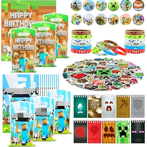 HYZMSZA 104 Pcs Miner Videospiel Party Mitgebsel, Miner Kindergeburtstag Gastgeschenke, Pixel Party Mitgebsel Kinder mit Spiel Armbänder Geschenktüten Notizbuch Aufkleber Anstecker von HYZMSZA