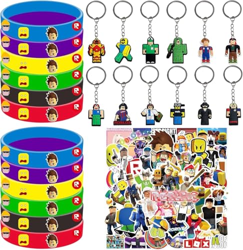 HYZMSZA 74 Stück Party Mitgebsel, Kindergeburtstag Gastgeschenke Set mit R-oblox Schlüsselanhänger Aufkleber Silikon Armbänder, Spielzeug Set für Party Zubehö, Give Aways Kindergeburtstag von HYZMSZA