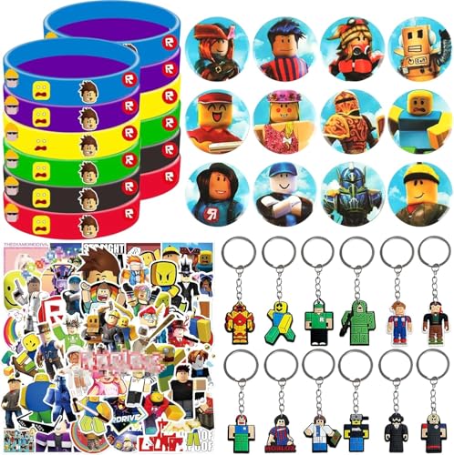 HYZMSZA 86 Stück Party Mitgebsel, kindergeburtstag gastgeschenke set mit Schlüsselanhänger Aufkleber Silikon Armbänder Anstecker, Spielzeug Set, Give Aways Kindergeburtstag für Kinder von HYZMSZA