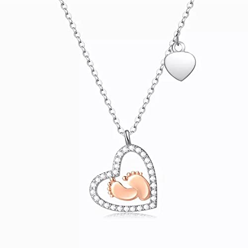 HYZSM Baby Feet Heart-Shaped Pendant Necklace,925 Silver Double Love Small Footprint Necklace,Heart Shaped Baby Footprint Love Necklace, Pendant Clavicle Chain, A Beautiful Gift for Wife von HYZSM