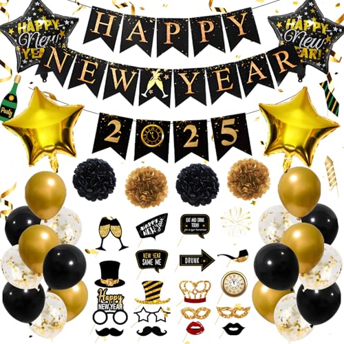 HYran Silvester Deko 2025, Neujahr Deko 2025, Happy New Year Girlande, Silvesterpartydeko Accessoire, 2025 Folienballon, Silvester Party Dekoration, Neujahrsdekoration von HYran